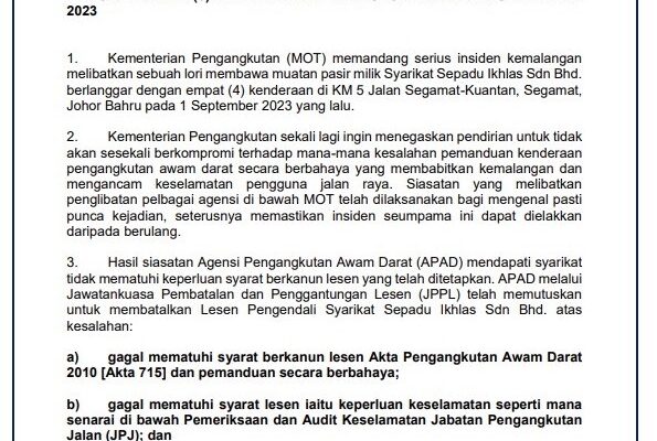 JPPL BATAL LESEN PENGENDALI SYARIKAT BERHUBUNG INSIDEN KEMALANGAN MAUT