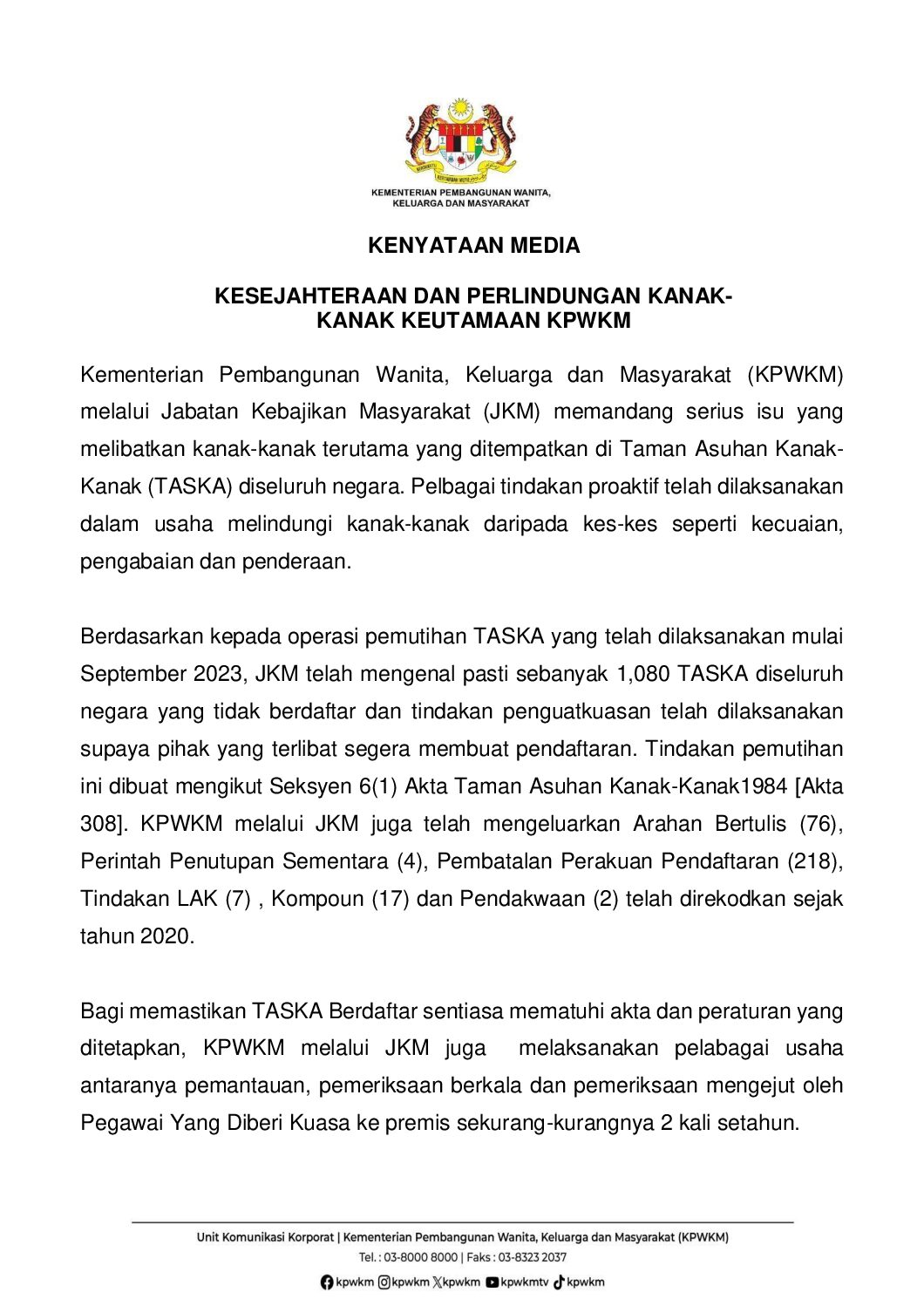 KPWKM PANDANG SERIUS ISU LIBATKAN KANAK-KANAK